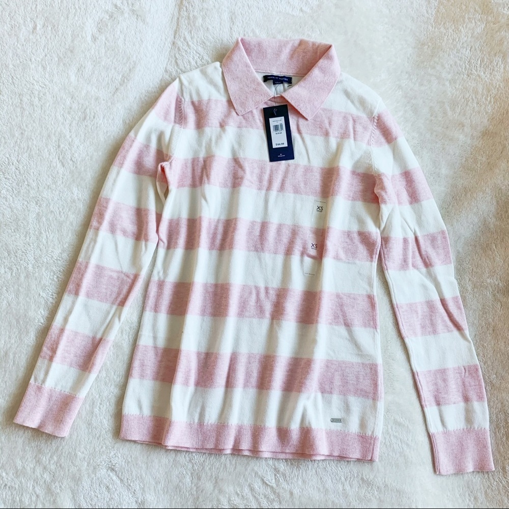 Cute and Trendy! NWT Tommy Hilfiger Women Striped Polo Shirt White and Pink​